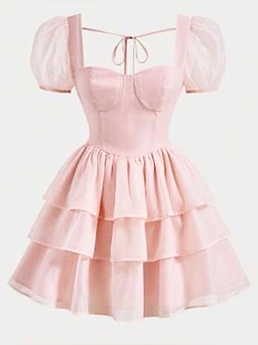 Sweet Tiered Pink Puff Sleeve Mini Dress Sz L